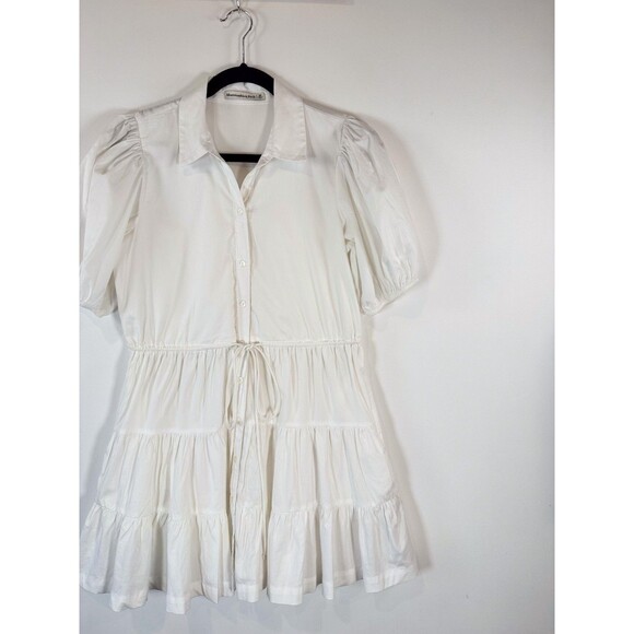 Abercrombie Fitch Dress White Puffed Poplin Mini Tiered Shirtdress Small Petite - Picture 4 of 10
